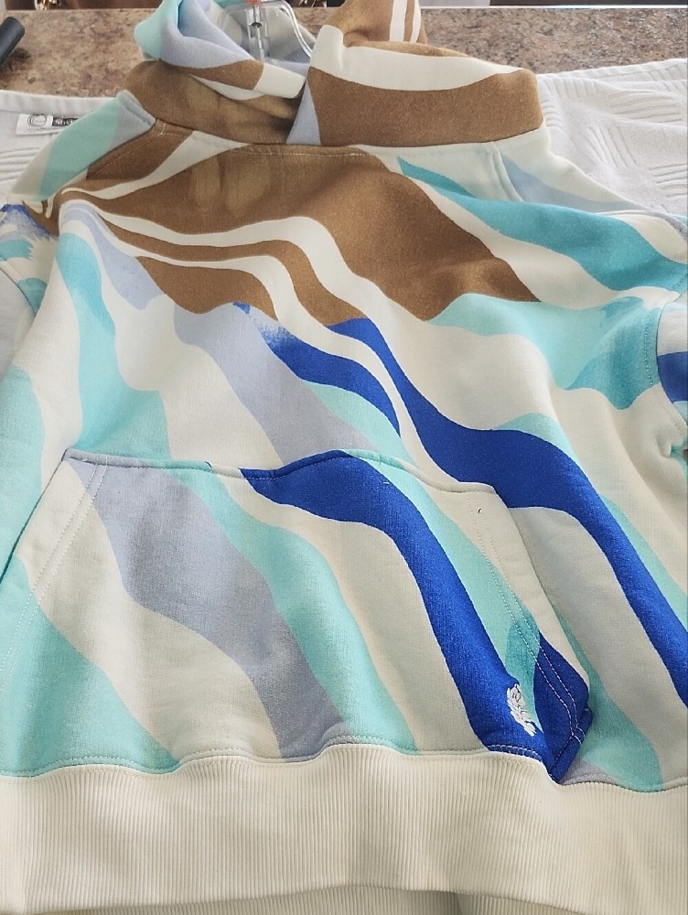 Free People Hooded Hody in Blue and Tan Wave Print - Picture 3 of 6
